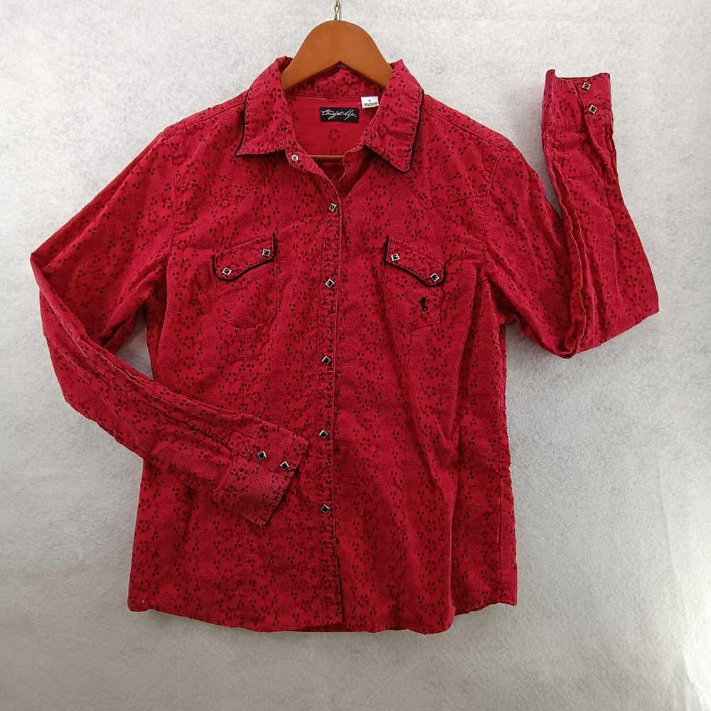 Cowgirl Up Western Women L Red Embroidered Eyelet Snap Button Single Stitch
